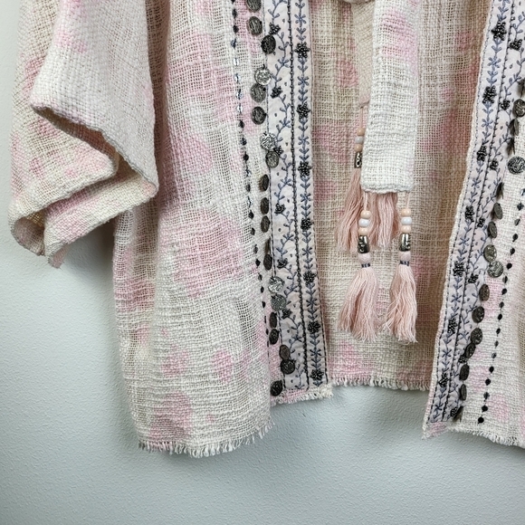 Anthropologie Beautiful Stories Livia Textured tweed Kimono One Size Pink boho - Picture 7 of 12